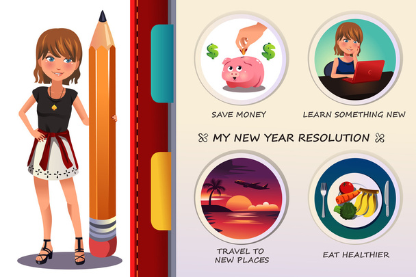 Woman writing about her new year resolution - Vector, Image