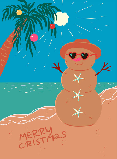 Tarjeta tropical de Navidad con muñeco de nieve de arena. Imagen vectorial. - Vector, Imagen