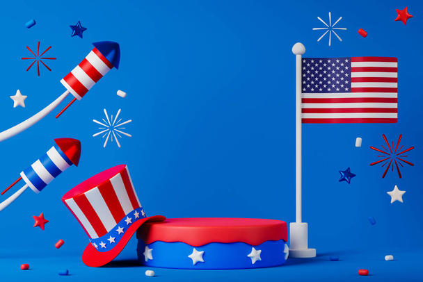 3-й день независимости США цилиндр подиум с фейерверком, национальный флаг и шляпа. - Фото, изображение