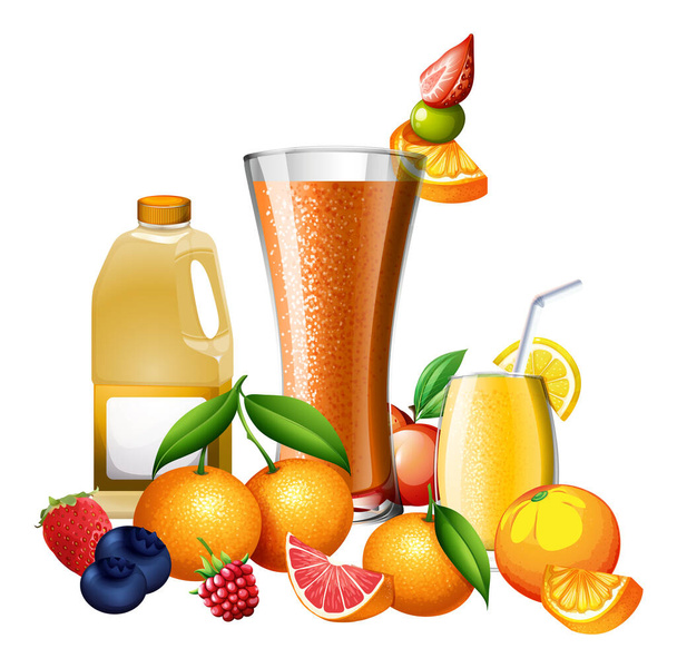 Gemengde vruchtensappen en citrusvruchten illustratie - Vector, afbeelding
