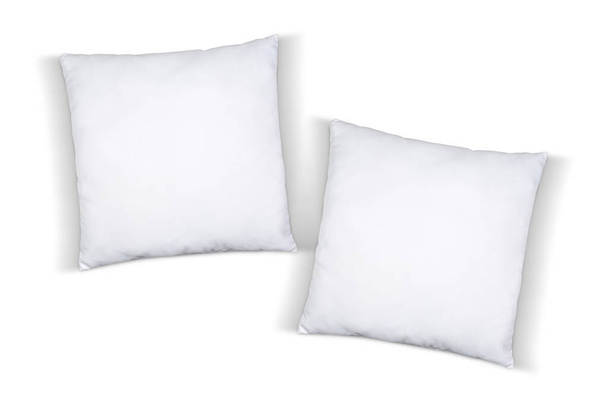 Due cuscini bianchi quadrati che lo prendono facilmente su uno sfondo bianco - Foto, immagini