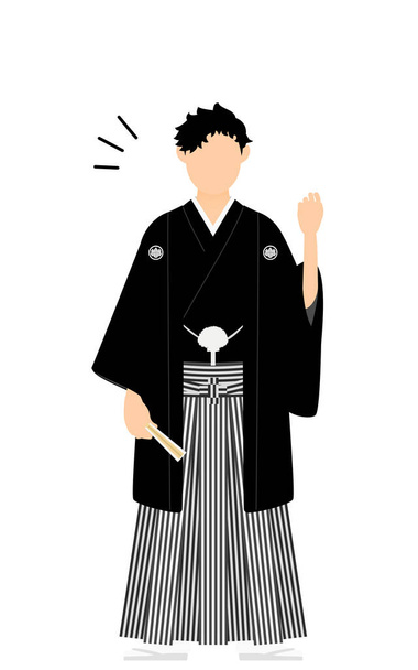 Ein Mann im Kimono, der ein Hakama trägt, nimmt eine Pose von Eingeweiden ein - Vektor, Bild