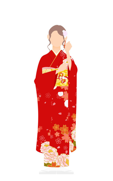 Uma mulher em quimono, vestindo um furisode (quimono de mangas compridas) Pausa para consertar seu cabelo. - Vetor, Imagem