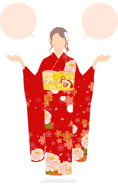 Une femme en kimono, portant un furisode (kimono à manches longues) Parle à bras ouverts (avec ballon de parole) - Vecteur, image