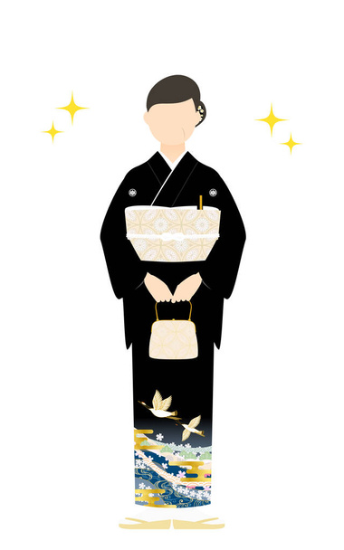 Oudere vrouw in kurotomesode, kimono-gekleed, poseerdGezicht vooraan met tas (met glitter) - Vector, afbeelding