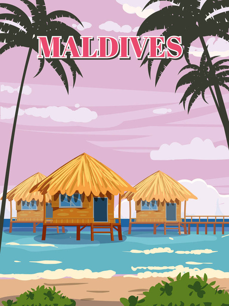Località tropicale Maldive poster vintage. Vacanze estive di viaggio. Beach coast capanne tradizionali, palme, oceano. Stile retrò vettore illustrazione isolato - Vettoriali, immagini