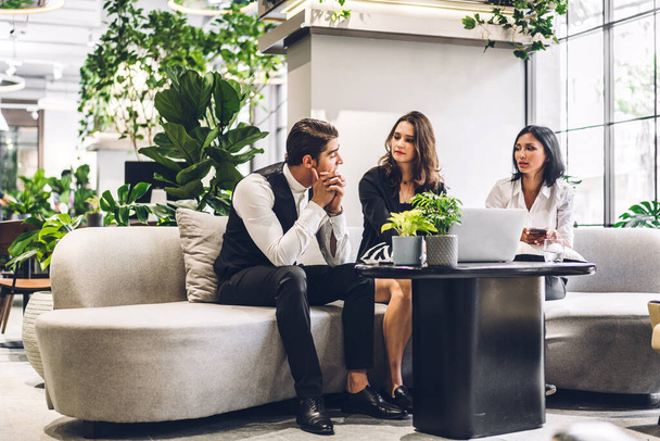 Group of professional business discussing meeting strategy sharing idea with new project.Creative business people working and talk in green plant terrace decorated modern workloft - 写真・画像