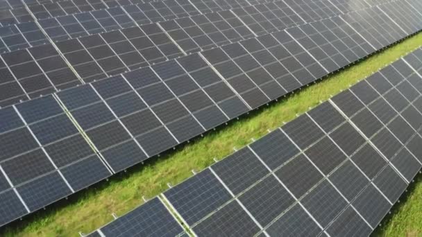 Los módulos solares modernos generan energía renovable limpia en la estación eléctrica del campo. Paneles solares innovadores proporcionan energía eléctrica verde en un día soleado - Metraje, vídeo