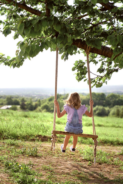 Tylny widok cute little girl swinging w letni dzień  - Zdjęcie, obraz