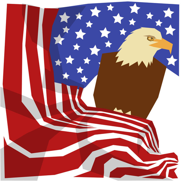 Águila calva sentada sobre bandera americana ilustración - Vector, imagen