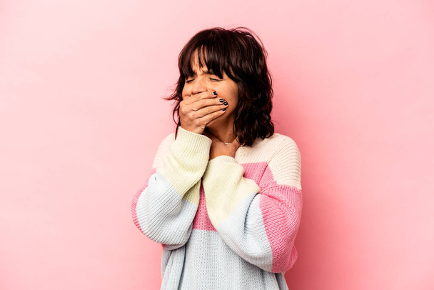 Young hispanic woman isolated on pink background suffers pain in throat due a virus or infection. - Photo, Image