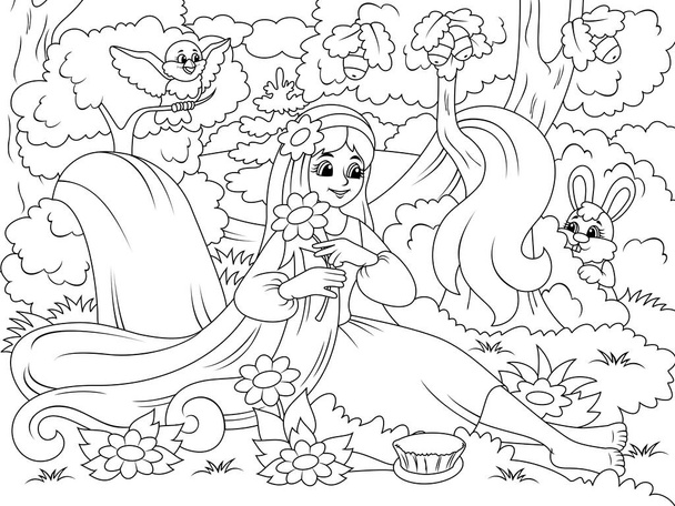 Κορίτσι με μακριά μαλλιά στο δάσος, τη φύση και τα άγρια ζώα. Σχέδιο σε μαύρο και άσπρο για ενήλικες χρωματισμό Βιβλίο. - Φωτογραφία, εικόνα