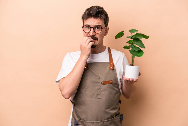 Joven jardinero caucásico sosteniendo una planta aislada sobre fondo beige mordiendo las uñas, nervioso y muy ansioso. - Foto, imagen
