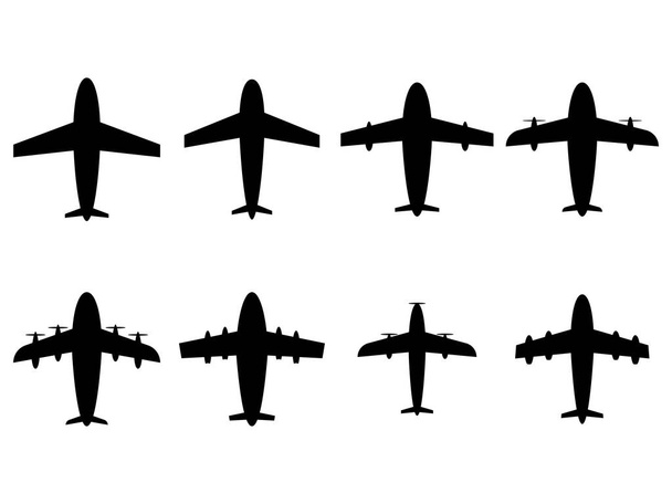 Fekete síkok ikon készlet elszigetelt fehér háttér. Légi jármű sziluettek turbinákkal és propellerekkel. Repülőgép tervezés plakátok, bannerek és promóciós termékek. Vektorillusztráció - Vektor, kép