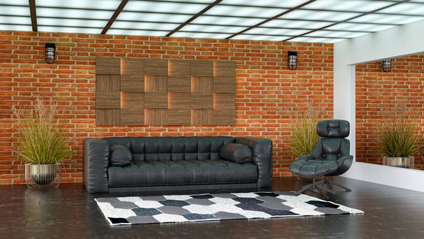 Illustration en 3D d'un canapé en cuir noir dans un salon avec mur de briques rouges et miroir mural. - Photo, image