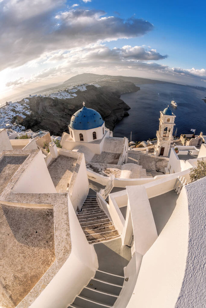 Old Town Thira on the Santorini island with famous churches against sea in Greece. - Fotoğraf, Görsel