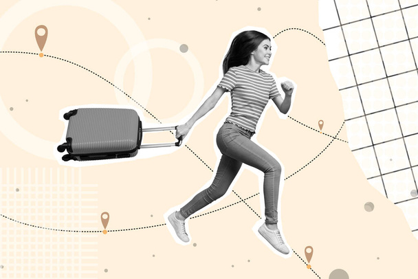 Photo artwork minimal collage of funny funky lady hurrying flight holding baggage isolated beige drawing background. - Photo, image