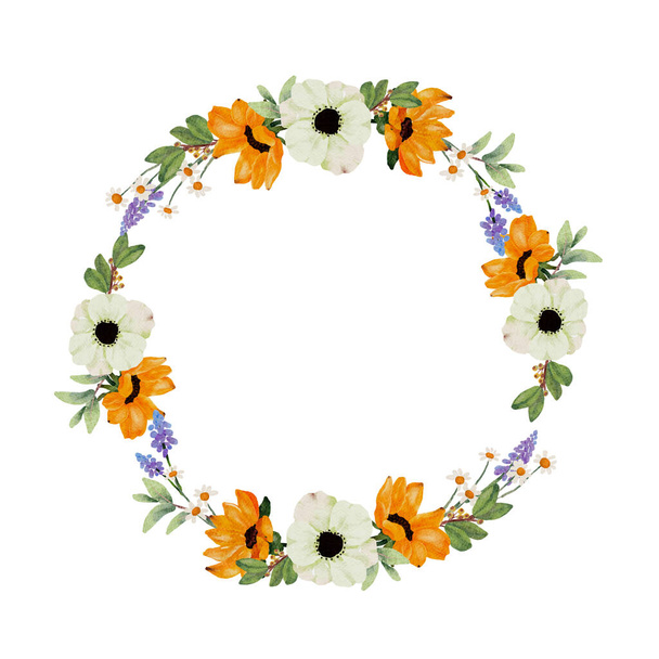 watercolor yellow sunflower and white anemone flower bouquet wreath frame - Vector, Image