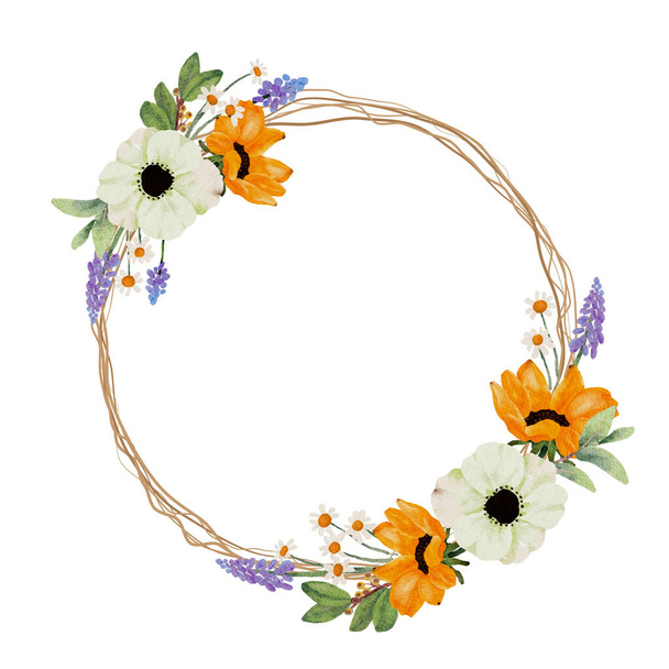 watercolor yellow sunflower and white anemone flower bouquet wreath frame - Vector, afbeelding