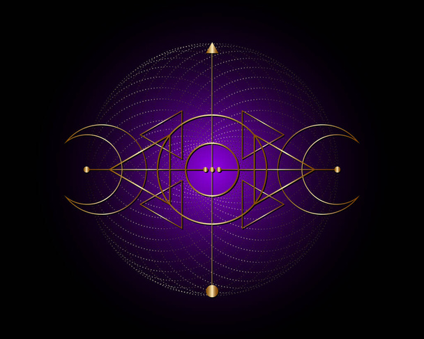 Magic Triple Moon. Kulta symboli Viking jumaluus, Celtic Sacred Geometry, Wiccan logo, alkemia esoteerinen kolmiot. Hengellinen okkultismi objekti vektori kuva eristetty musta violetti tausta - Vektori, kuva