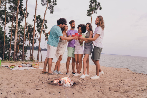 Full body photo of group cheerful idyllic people clink alcohol cup enjoy bonfire hanging out outdoors. - Фото, изображение