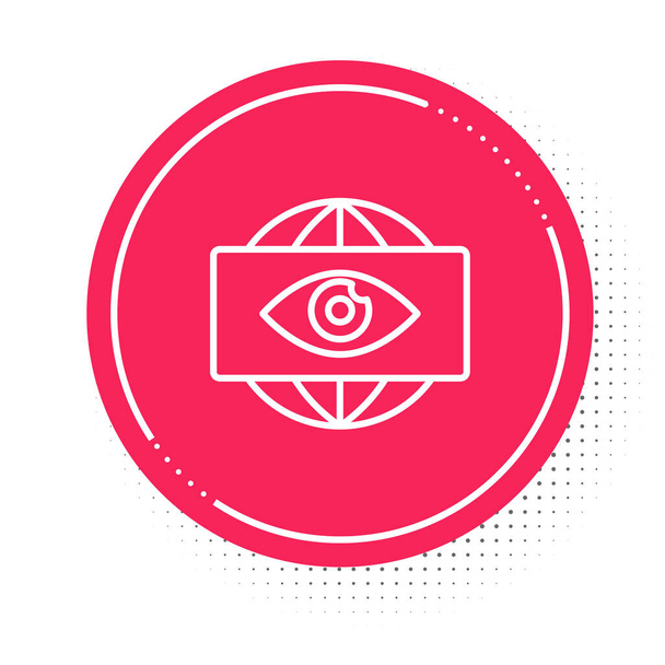 Weiße Linie Big Brother elektronisches Auge Symbol isoliert auf weißem Hintergrund. Globale Überwachungstechnologie, Computersysteme und Netzwerksicherheit. Roter Kreis Knopf. Vektor. - Vektor, Bild