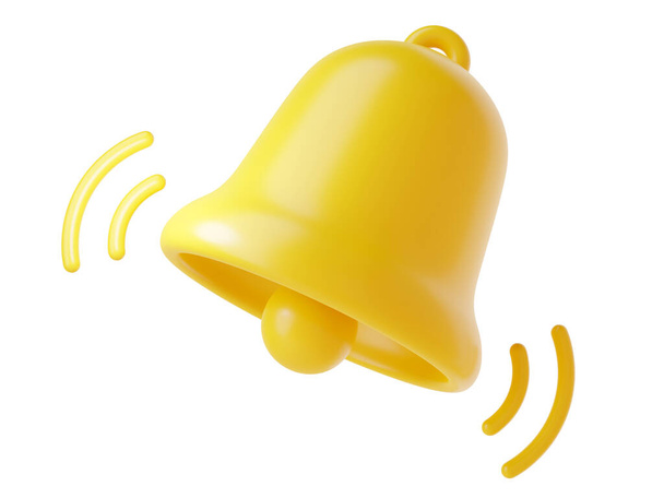Icono de campana de notificación 3d render - ilustración de dibujos animados lindo de campana amarilla simple para recordatorio o concepto de aviso. Símbolo para atraer la atención o indicar nueva información y mensaje. - Foto, imagen