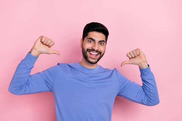 Photo of excited funny arabian man wear long sleeve shirt pointing fingers himself isolated pink color background. - Fotografie, Obrázek