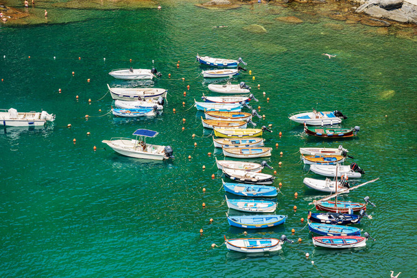 Erhöhter Blick auf eine Gruppe kleiner Boote, die im Hafen des antiken Dorfes Vernazza festgemacht haben, Nationalpark Cinque Terre, UNESCO-Weltkulturerbe, Mittelmeer, La Spezia, Ligurien, Italien, Europa - Foto, Bild