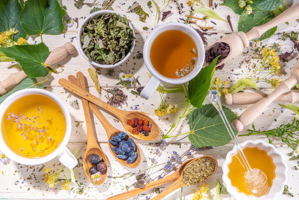 Healthy drinks, harvest herbs and flowers concept. Fresh and dried organic herbal, set of different floral tea variations, with brewed hot tea cups on white wood table copy space - Foto, Imagem