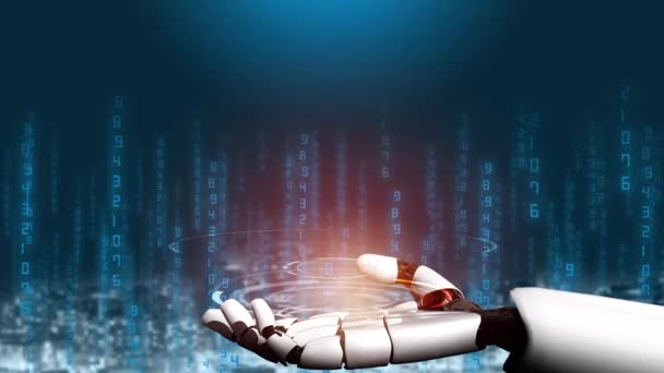 Futuristische robot kunstmatige intelligentie revolutionaire AI-technologie ontwikkeling en machine learning concept. Global robotic RPA wetenschappelijk onderzoek voor de toekomst van het menselijk leven. 3D weergave grafisch. - Video