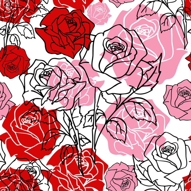 大規模な赤とピンクのバラの芽、質感、デザインのシームレスなパターン - ベクター画像