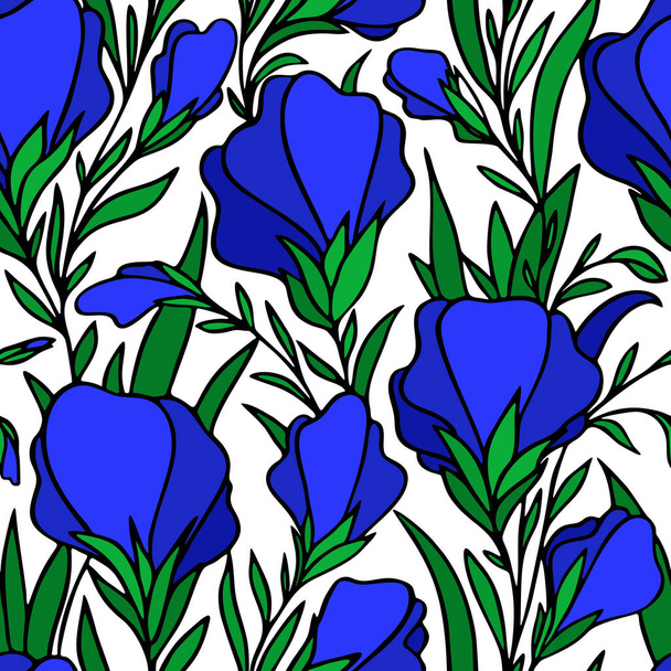 arte, patrón sin costuras de grandes capullos de flores azules sobre un fondo blanco, textura floral brillante, diseño - Vector, imagen