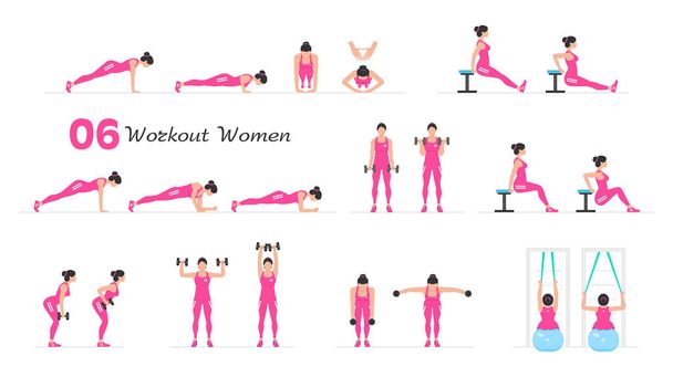 Conjunto de ejercicios para mujeres. Mujer Fitness Aerobic and Exercises. Mujeres haciendo ejercicios de fitness y yoga. Estilo plano - Vector, Imagen