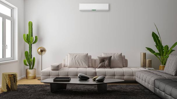 große Luxus moderne helle Innenräume Wohnzimmer mit Klimaanlage-Attrappe Illustration 3D-Rendering - Foto, Bild