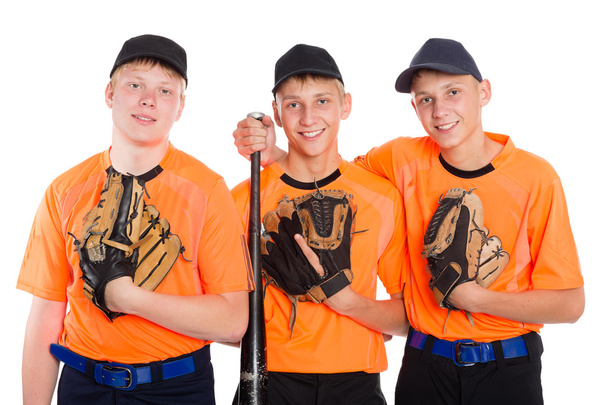 Young baseball players with gloves and bat - 写真・画像