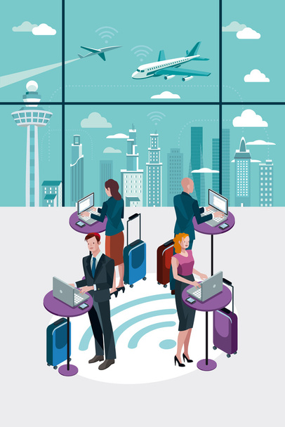 Business People Using Laptop at Airport - Vector, Image