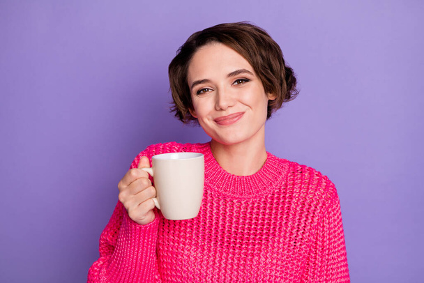 Photo of young attractive girl happy positive smile enjoy morning cup of coffee isolated over violet color background. - Fotografie, Obrázek