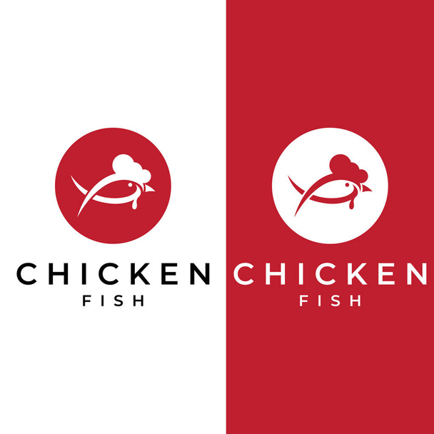 Logo kurczaka, logo głowy koguta z kombinacją ryb. Logo kurczaka jest używane w firmach, restauracjach lub straganach gastronomicznych. Używanie prostych ilustracji. - Wektor, obraz