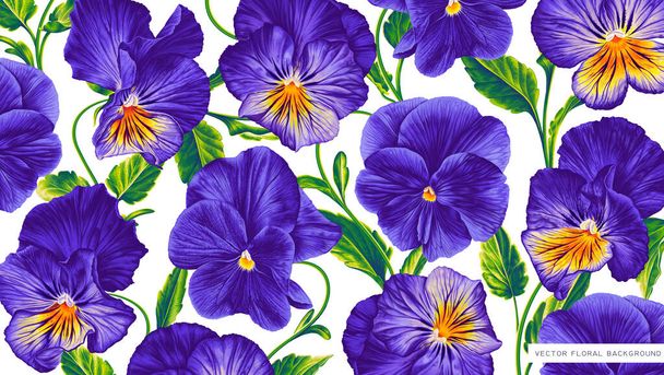 Large floral background with purple blue with yellow flowers Pansies, Viola in wallpaper for computer desktop, tablet, cell phone, social media cover. Realistic highly detailed vector plants  - Вектор,изображение