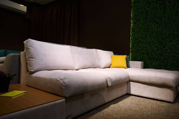 明るい緑と黄色のクッションと家具のデザインショールームで販売のために表示され、カタログ付きのジャーナルテーブルと現代的なスタイリッシュな快適な柔らかい張りグレーのソファの角度ビュー - 写真・画像