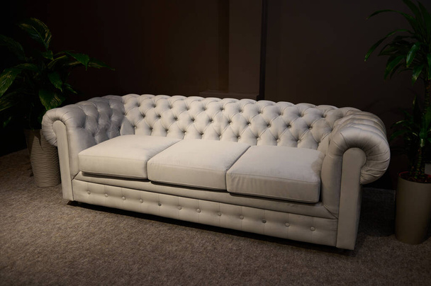 Elegantes sofás modernos y cómodos expuestos a la venta en el modelo de un interior de sala de estar en una tienda de muebles tapizados. Concepto de diseño doméstico - Foto, imagen