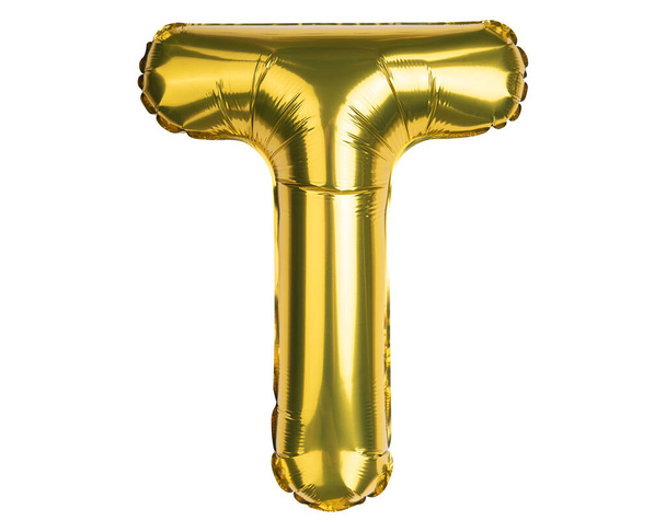English Alphabet Letters. Letter T. Balloon. Yellow Gold foil helium balloon. Good for party, birthday, greeting card, events, advertising. High resolution photo. Isolated white background. - Fotó, kép