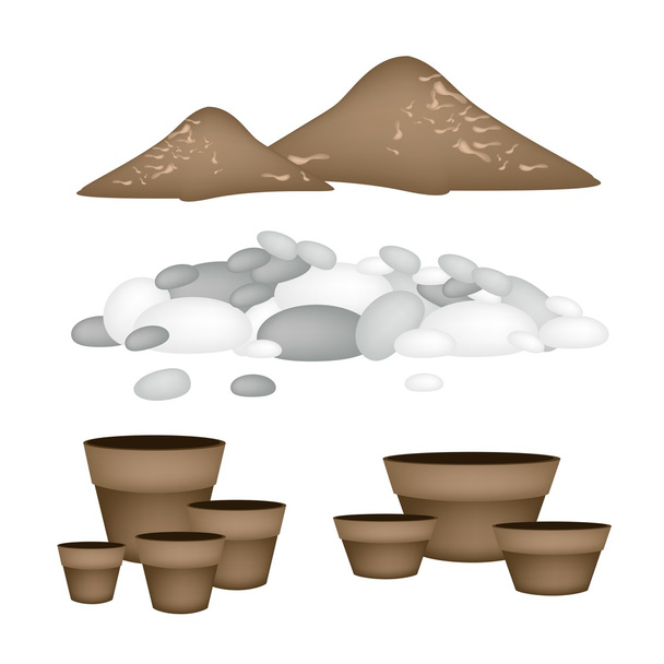 Терракотовые горшки с почвой и галькой
 - Вектор,изображение