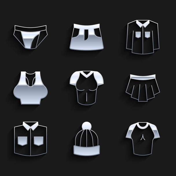 Set T-shirt, Winter hat, Skirt, Shirt, Undershirt,  and Men underpants icon. Vector - Vector, Image