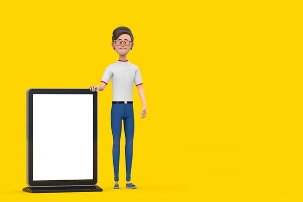 Мультфильм Персонаж Человек с пустым торговым шоу LCD экран стенд в качестве шаблона для вашего дизайна на желтом фоне. 3D-рендеринг - Фото, изображение