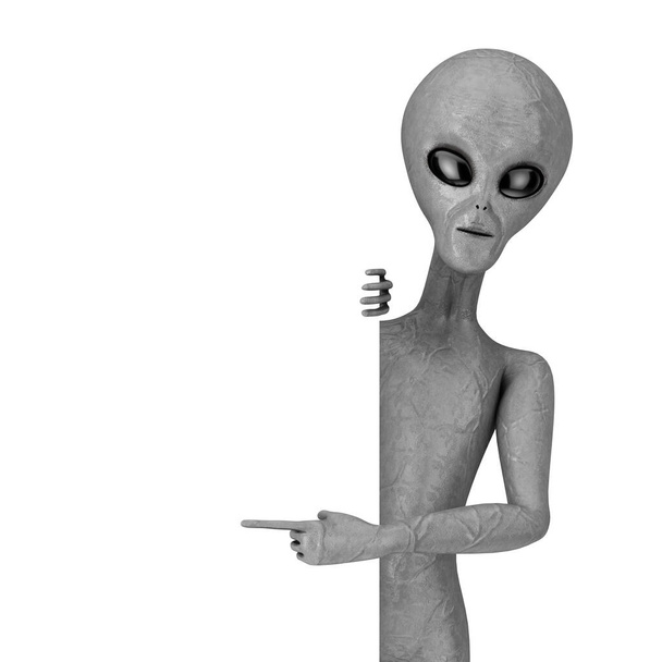 Страшно-сірий Humanoid Alien з порожньою презентацією або інформаційною радою на білому тлі. 3D рендерингу
 - Фото, зображення