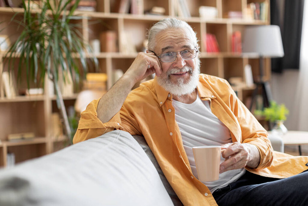 Расслабленный привлекательный пожилой мужчина в повседневной одежде и очках сидит на диване в уютной гостиной, держа кружку и улыбаясь перед камерой, наслаждаясь утренним кофе дома, копировать пространство - Фото, изображение