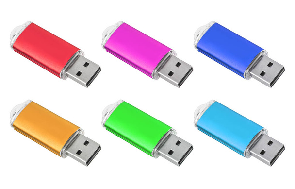 USB flash drive, flash memory, on a white background collage, different colors - Φωτογραφία, εικόνα