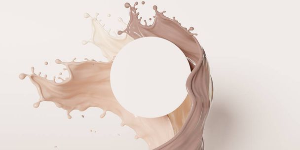 3D beige display with liquid foundation splash swirl on studio background. Nude cream fluid flow with showcase for beauty product, cosmetics promotion.  Commercial, advert, abstract 3D render mockup - Φωτογραφία, εικόνα
